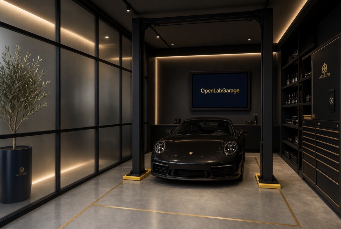 OpenLabGarage DIY atelier — closed workshop bay for working on your own car