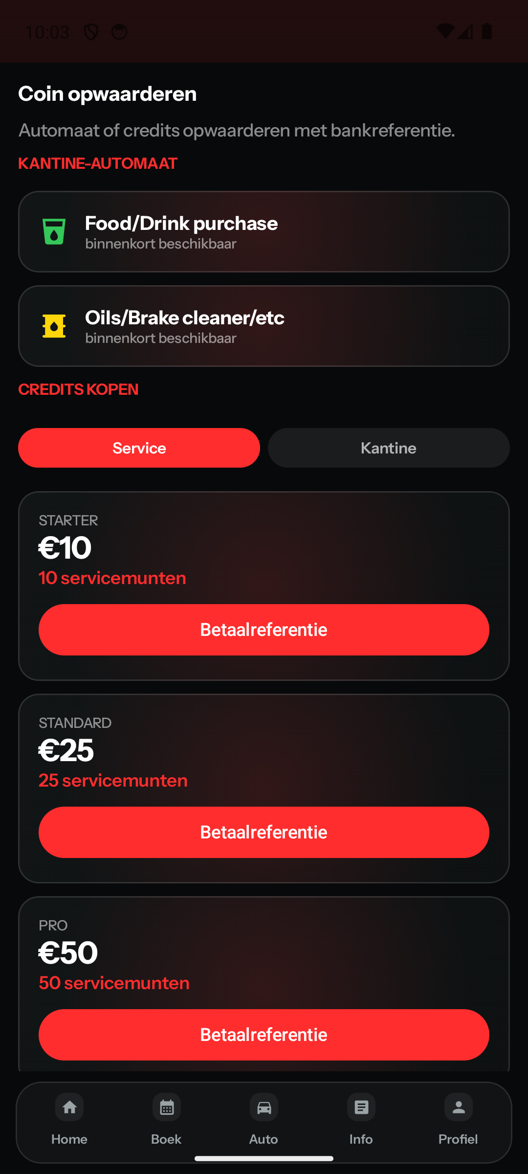 Credits balance in the member app — 1 euro equals 1 credit