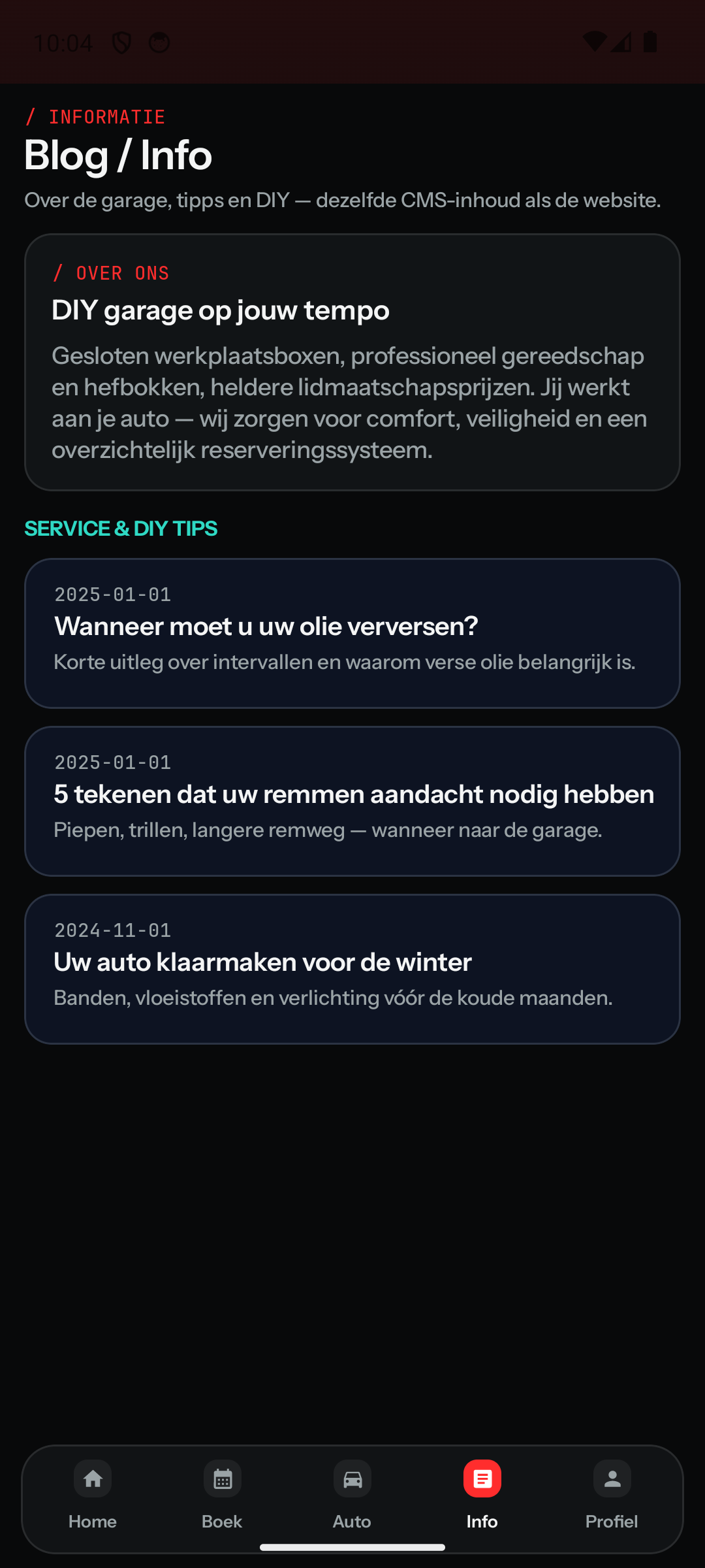 Garage info and DIY tips in the member app